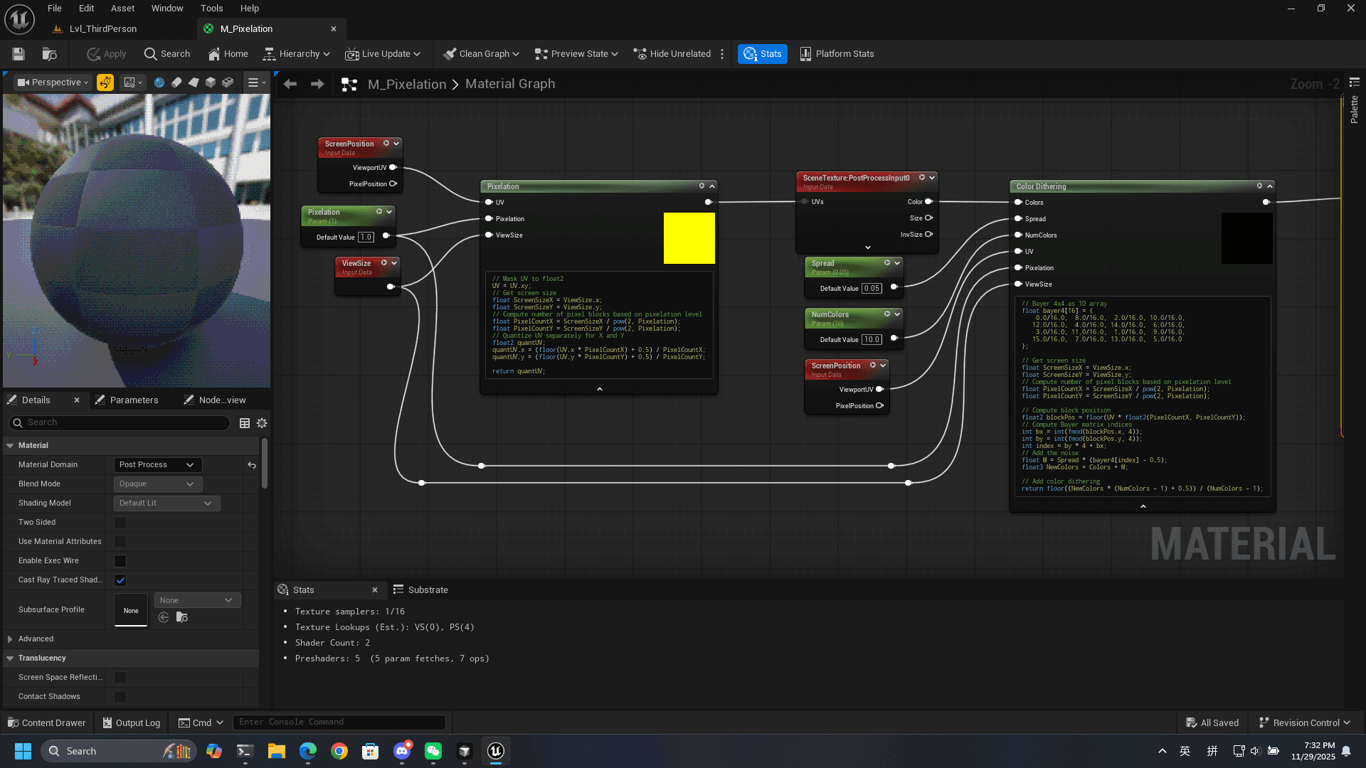 Implement Pixelation Using UE5 Post Process Material with Custom Nodes